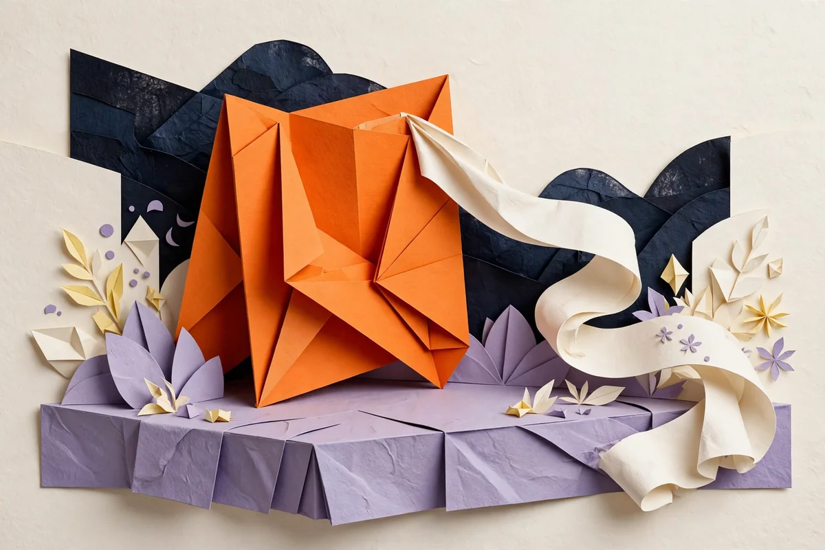 A large folded orange sign on a sculptural paper stage
