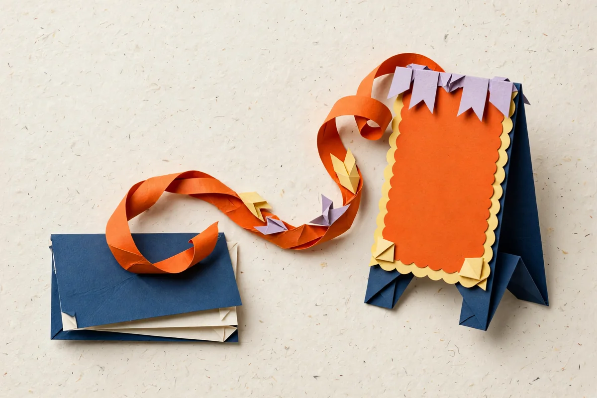 An expressive folded-paper sign with graphic contrast
