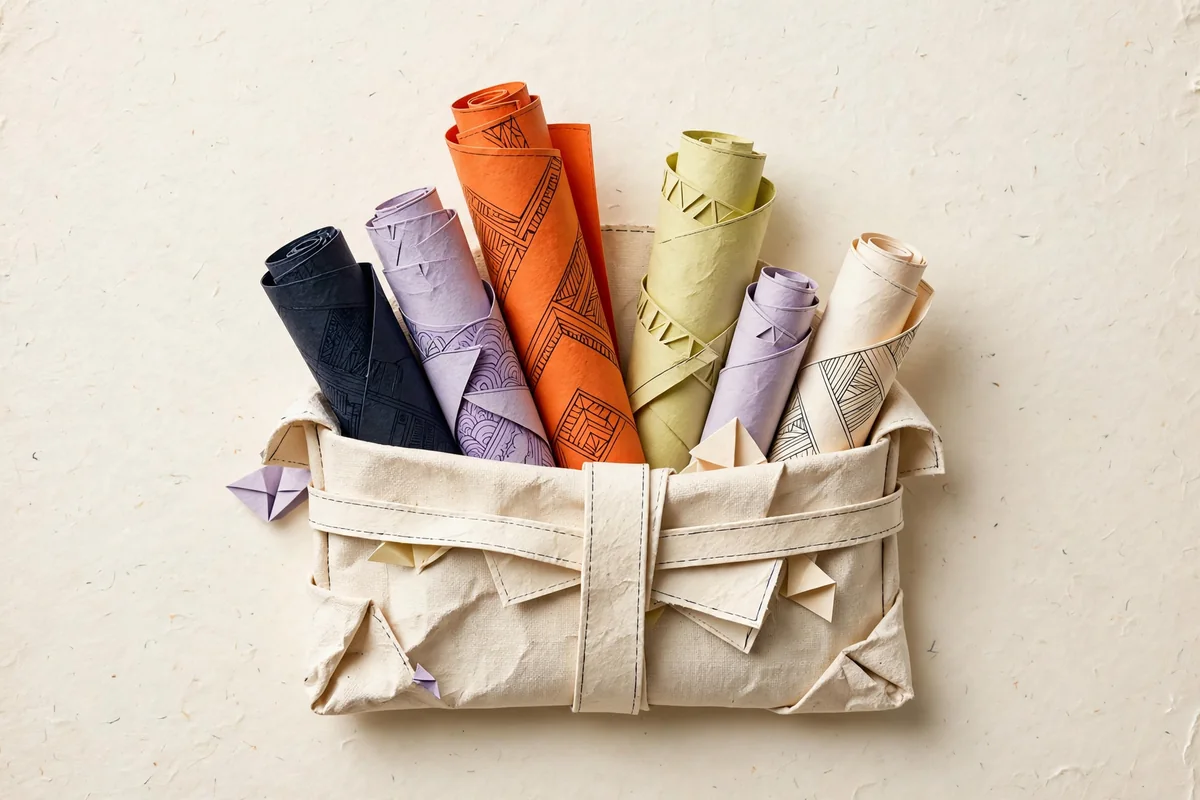 Rolled paper banners in a sculpted holder