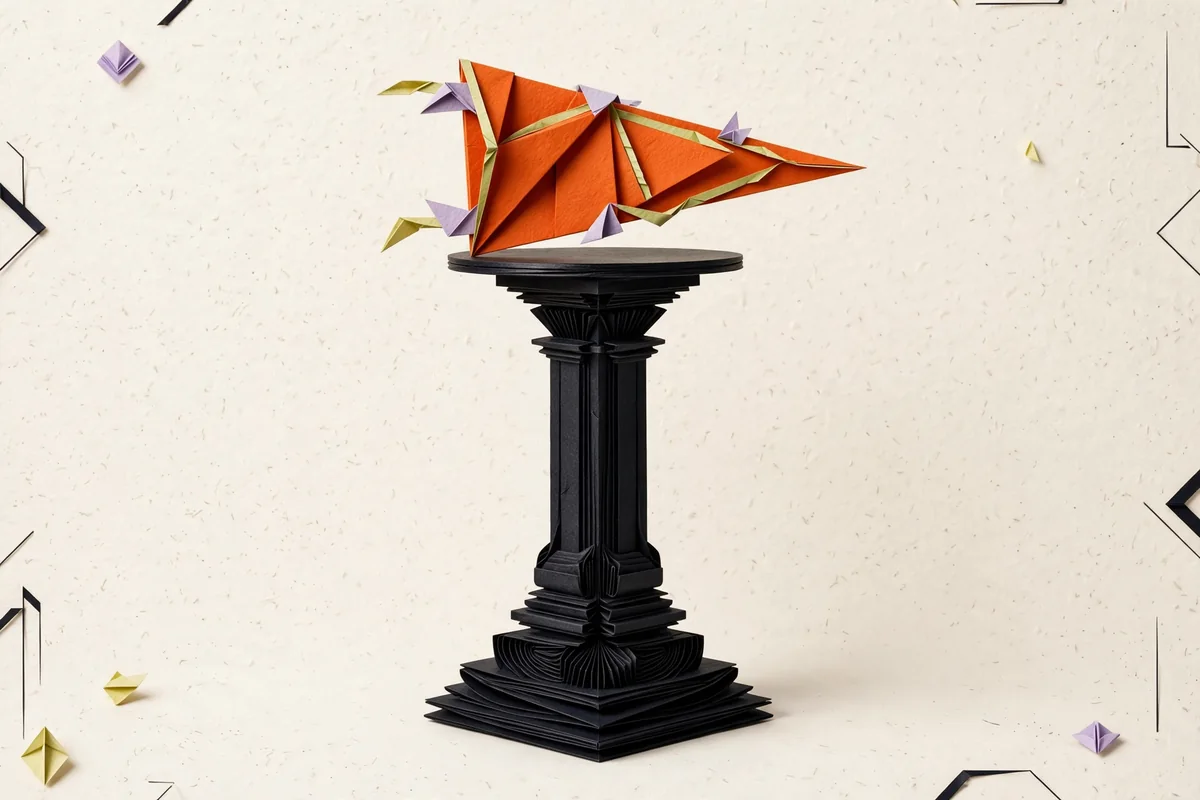 A folded pennant balanced on a sculptural pedestal